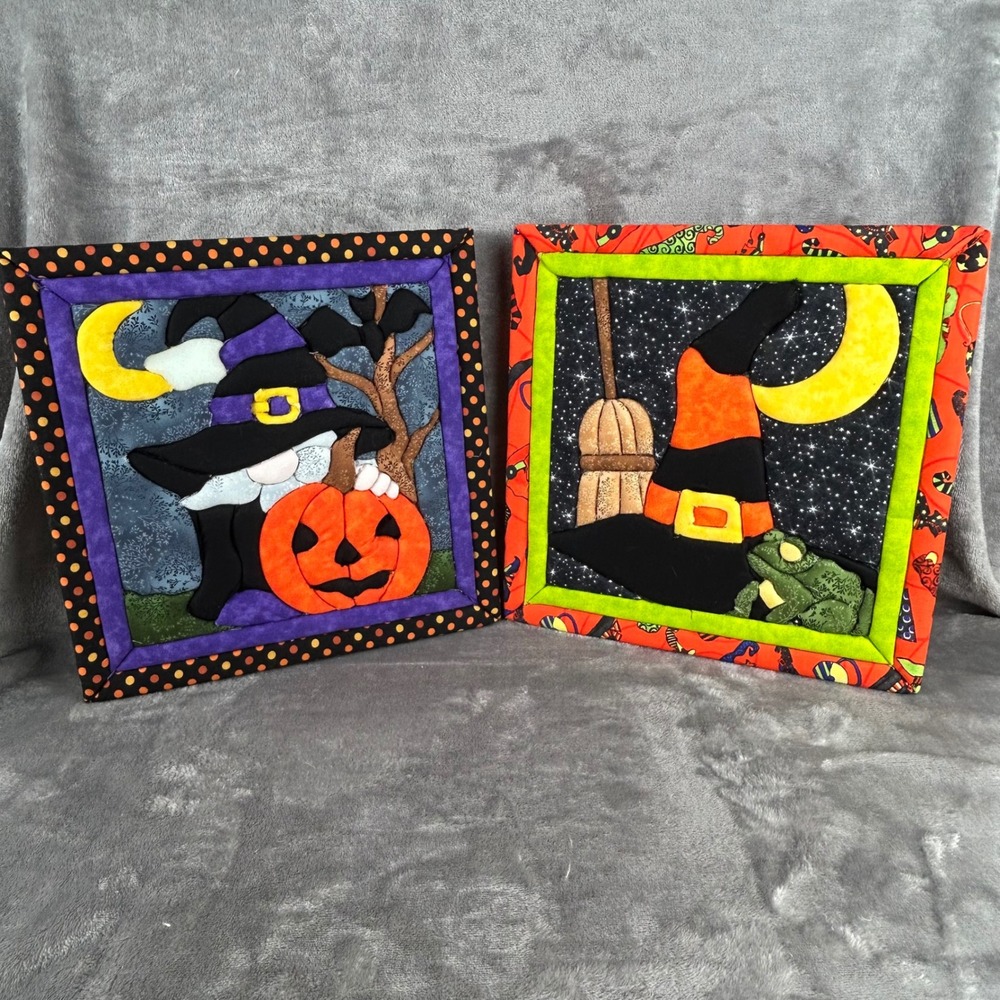 Handmade Halloween Quilted Fabric Wall Art Set Witch Hat Pumpkin  Cottagecore